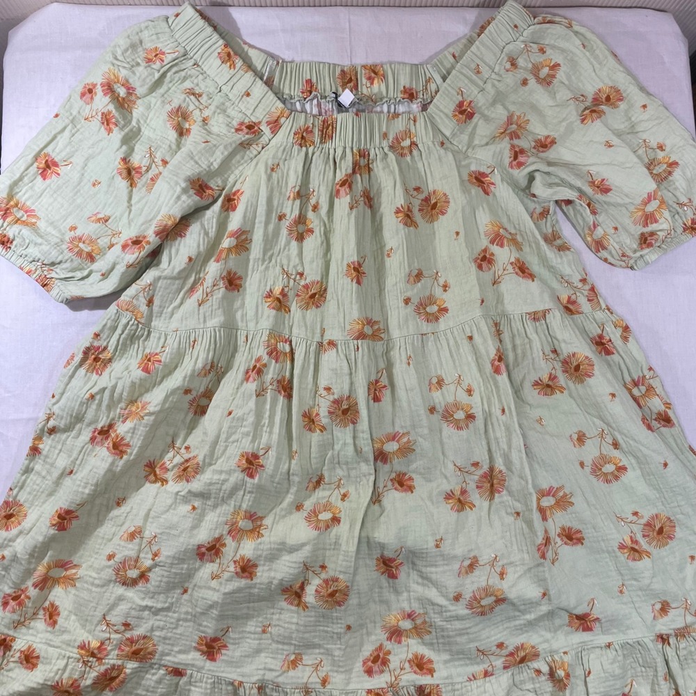 Wonderly Sage Green Floral Cotton Gauze Tiered Babydoll Dress Large